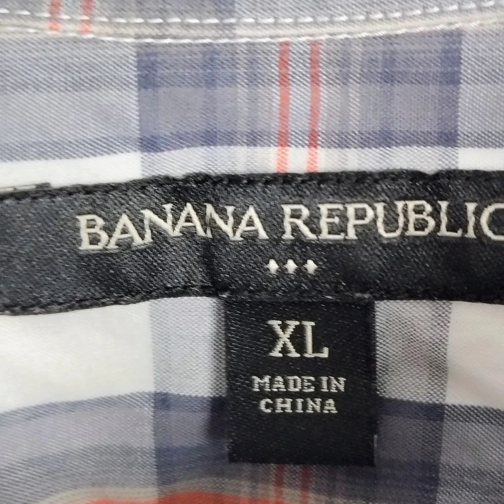 Banana Republic Mens XL Short Sleeve Plaid Shirt Grey Orange Cotton Dadcore